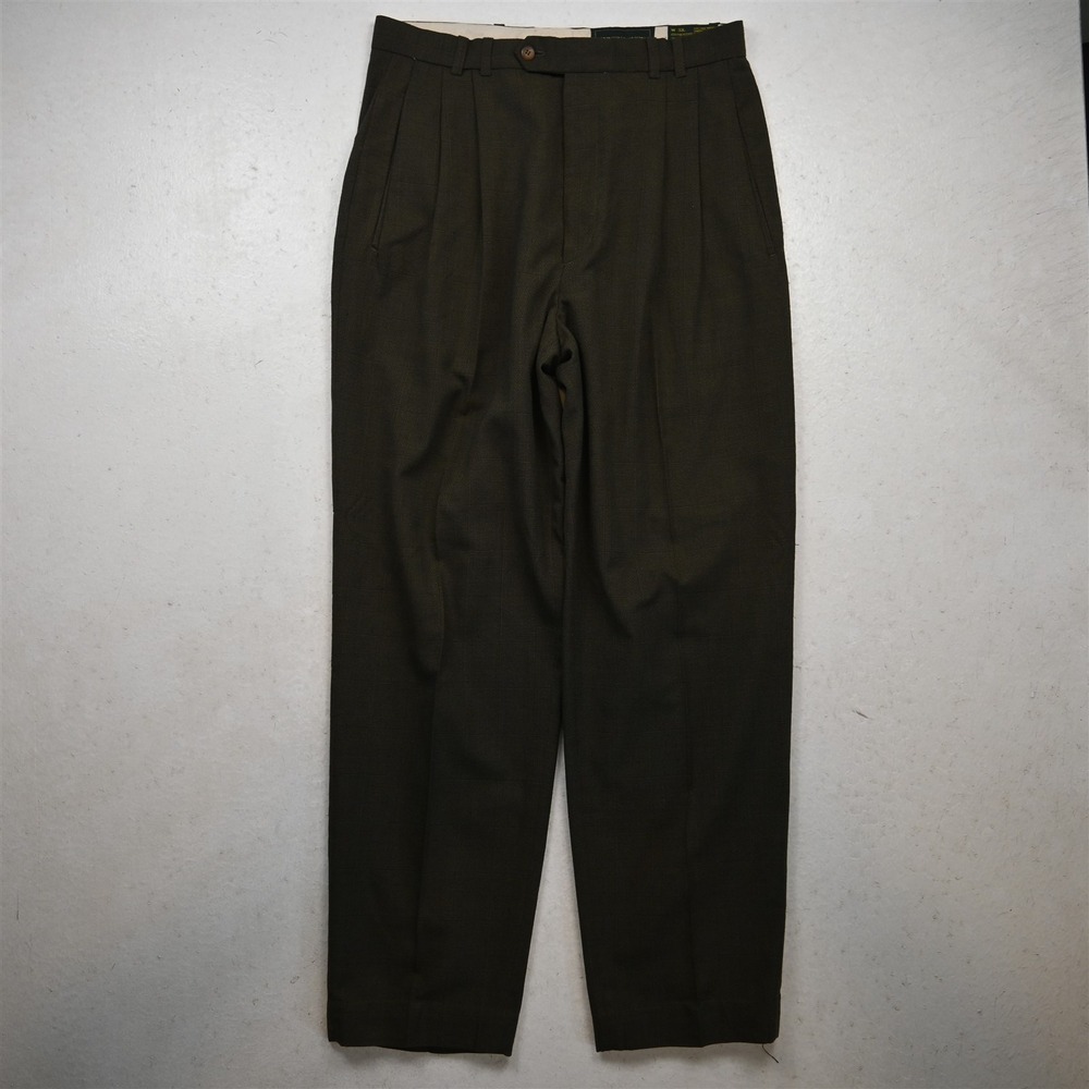 Vtg Hunting Horn 30x32 Green Windowpane Barleycorn Pleated Classic Dress Pants
